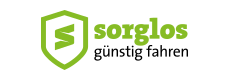Es ist das Sorglos günstig fahren Logo zu sehen. Es handelt sich um einen Autoabo-Anbieter. Das Logo ist grün, schwarz und weiß.