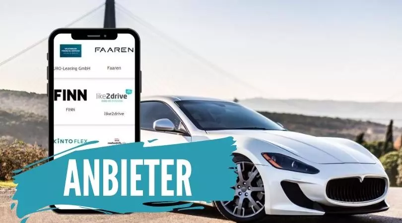 Auto Abo News. Hier sehen wir einen schicken Sportwagen vor einer Landschaft mit großer Brücke. Des Weiteren sehen wir die Kategorie-Bezeichnung Anbieter, hier findet man als Autoabo-Anbieter bzw. Artikel darüber. Es ist auch ein Smarphone mit Logos von Autoabo-Anbietern zu sehen.